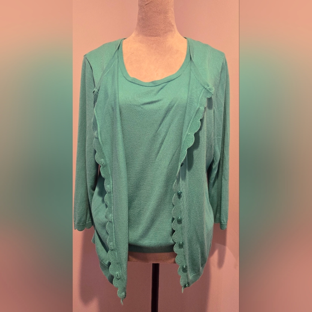 Talbots sweater-set Teal green scalloped edge sz L